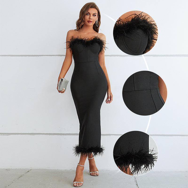 
                      
                        Evelyn Strapless Feather Bandage Dress in Black - LE COLLET
                      
                    