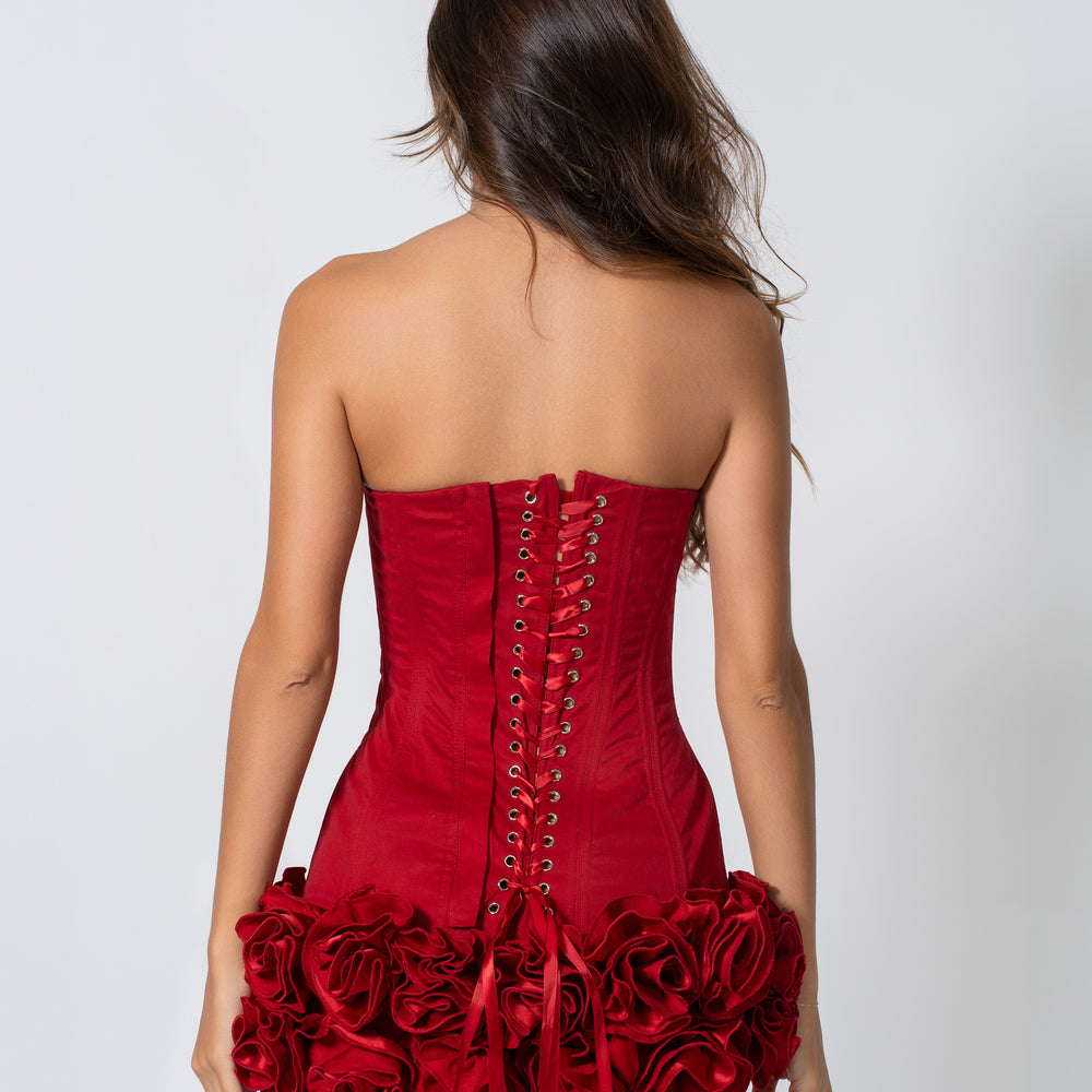 Ivy Corset Mini Dress with Roses in Red - LE COLLET