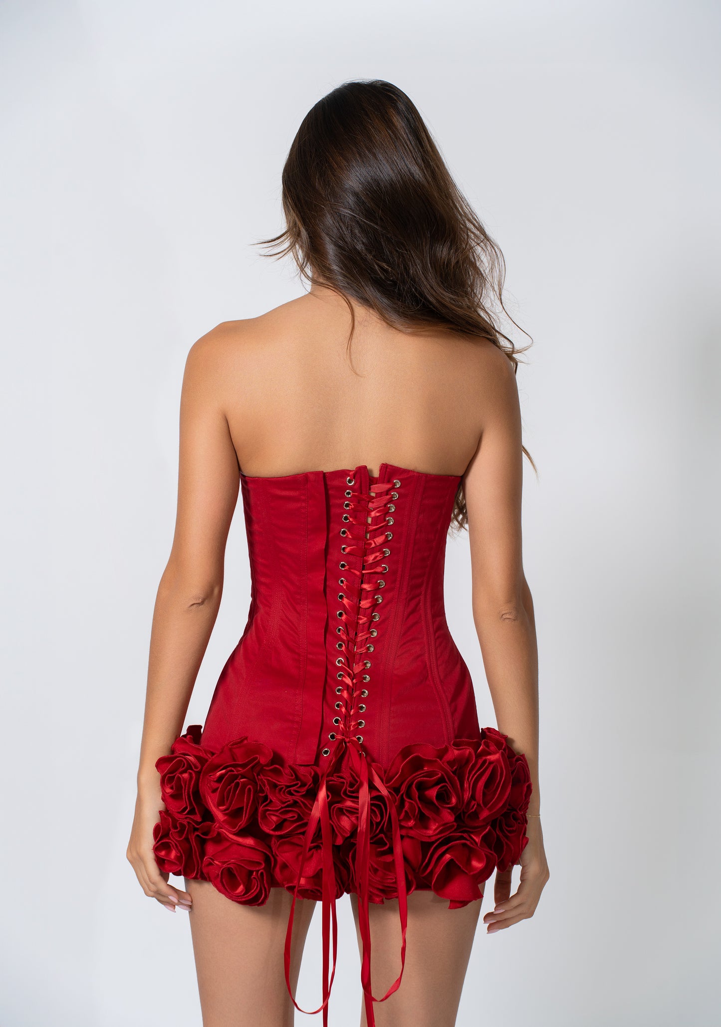 Ivy Corset Mini Dress with Roses in Red - LE COLLET