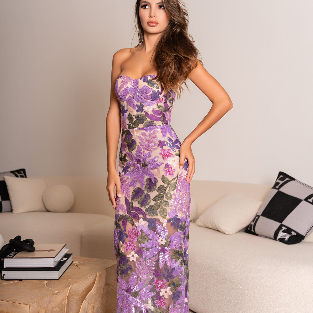 Ellie Strapless Floral Sequined Bodycon Dress - LE COLLET